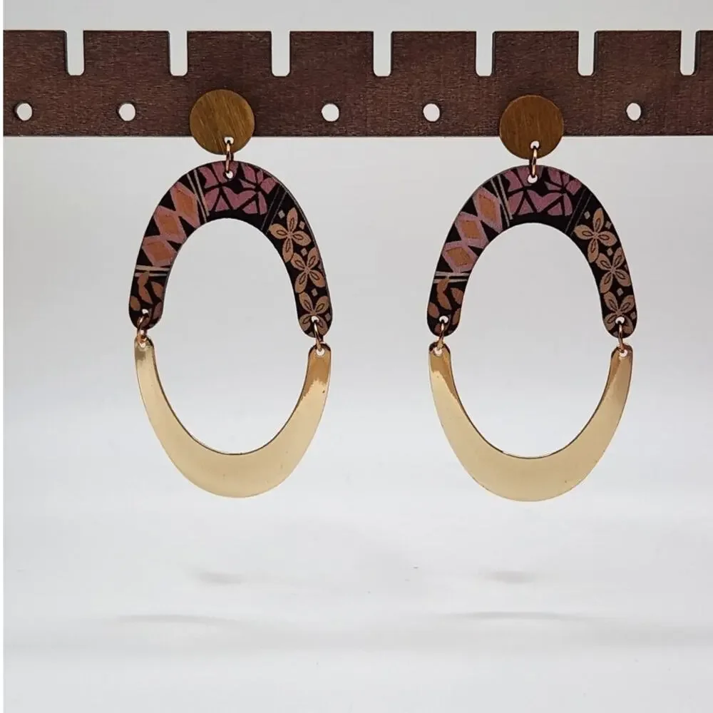 Boho Oval Geometric Wood and Gold Tone Metal Mixed Media Dangle Earrings